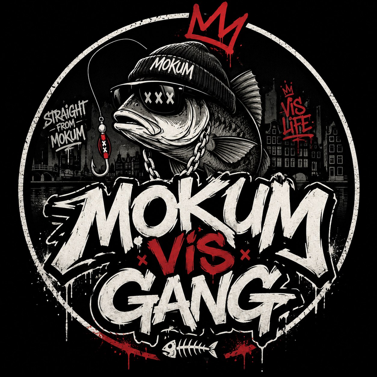 Mokum Vis Gang logo: een vis met MOKUM-muts, zonnebril met XXX en een gouden ketting voor de Amsterdamse grachten